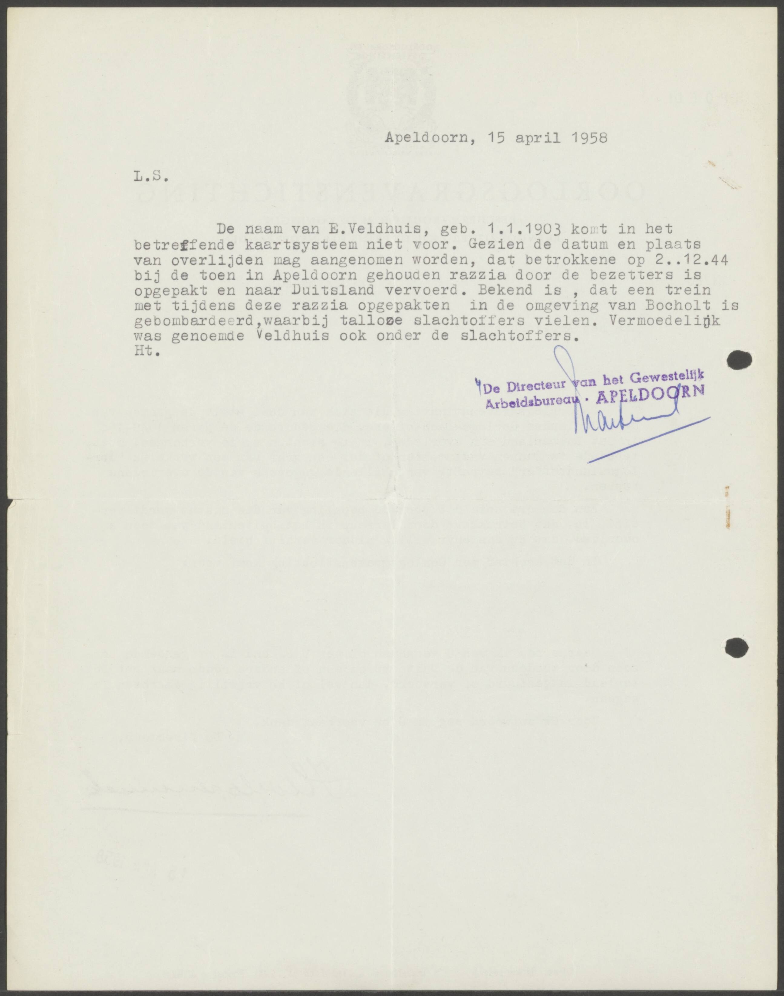 Historisch document Evert Veldhuis