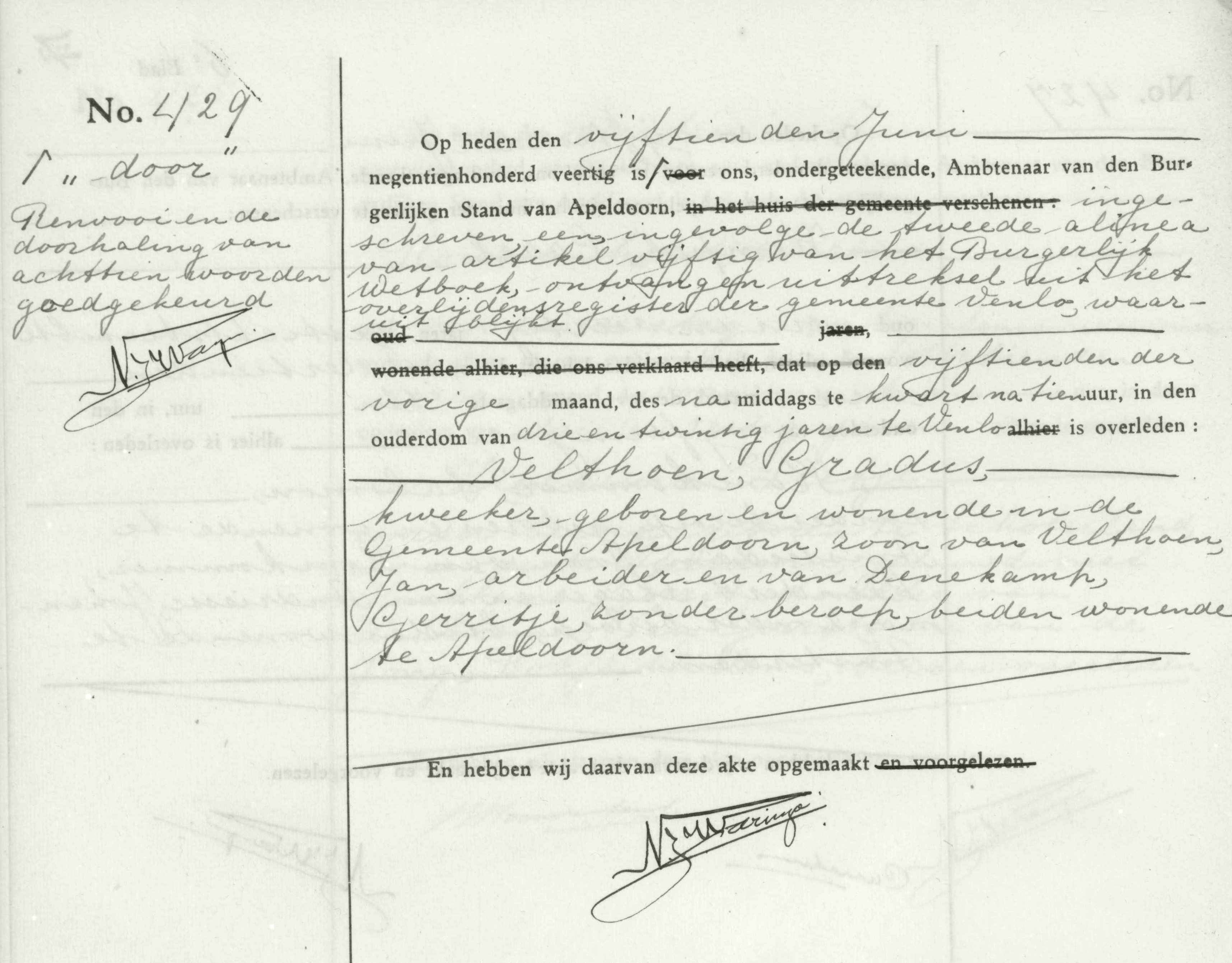 Overlijdensakte Gradus Velthoen