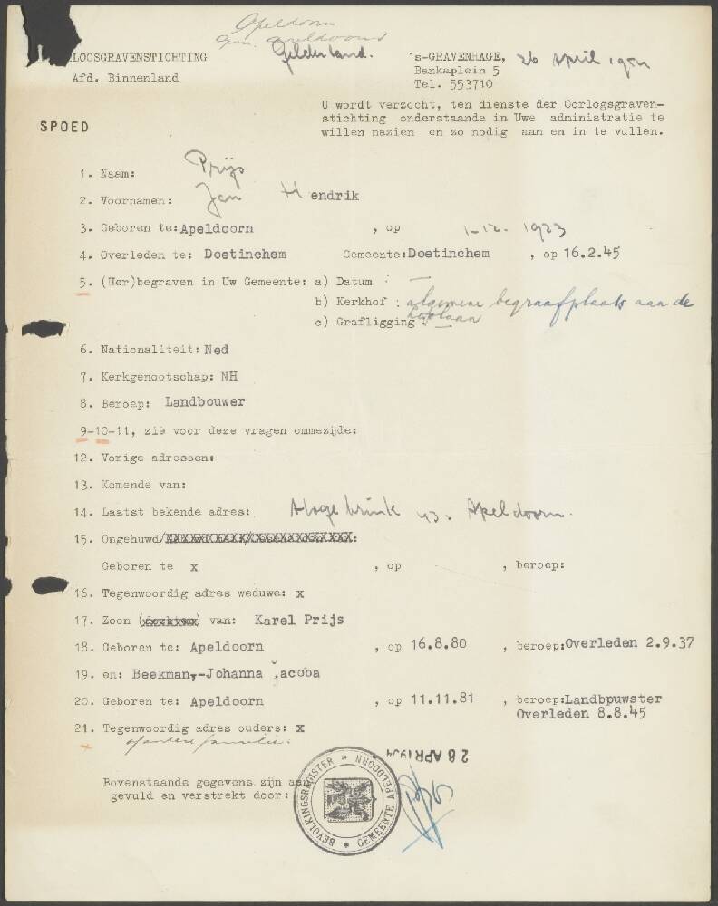 Historisch document Jan Prijs