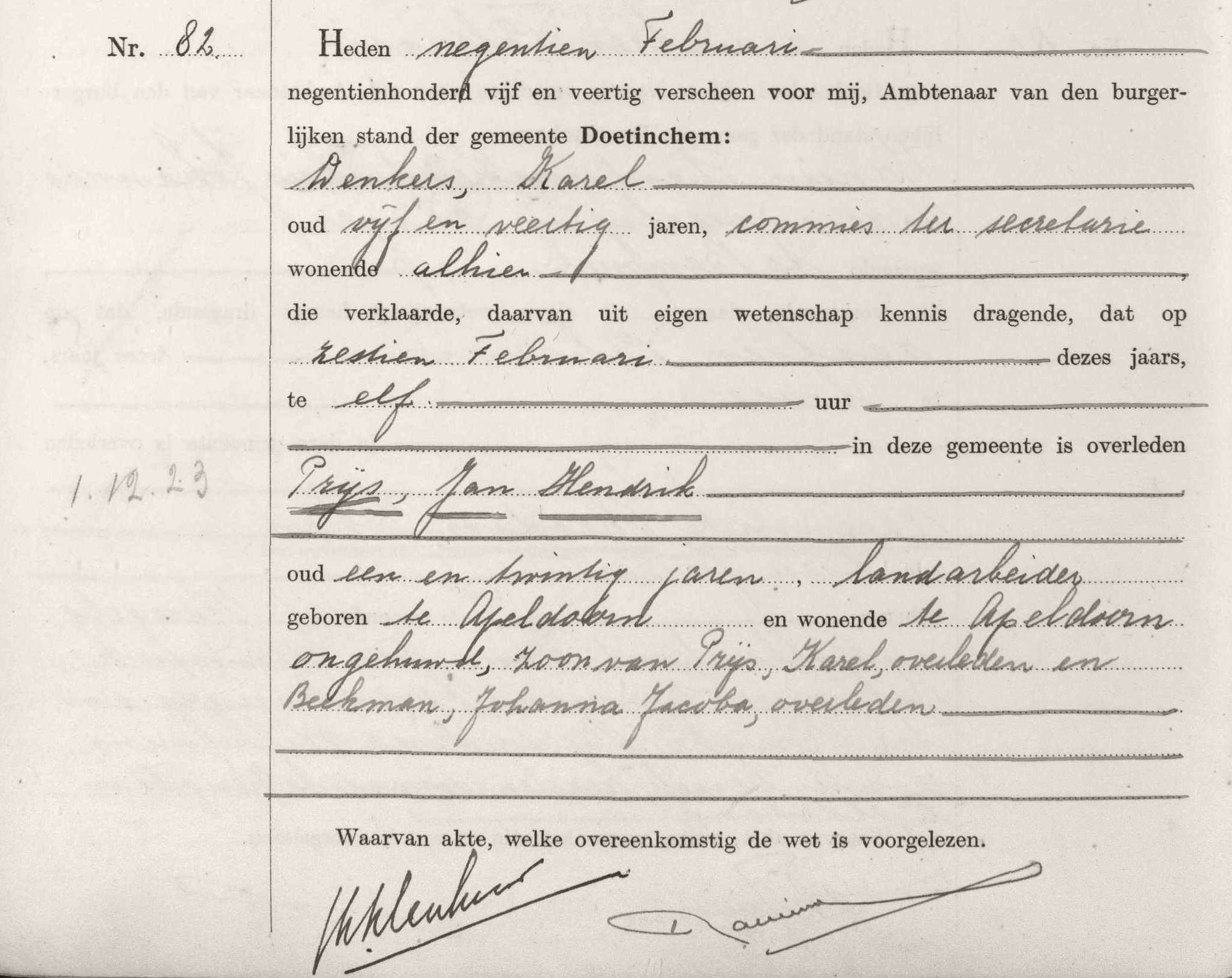 Overlijdensakte Jan Hendrik Prijs, Doetinchem 1945